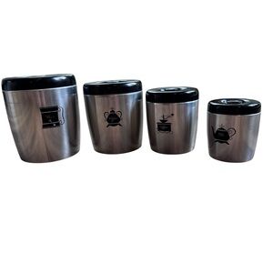 VTG West Bend Aluminum 4 Piece Nest Canister Set Silver With Black Lids USA MCM